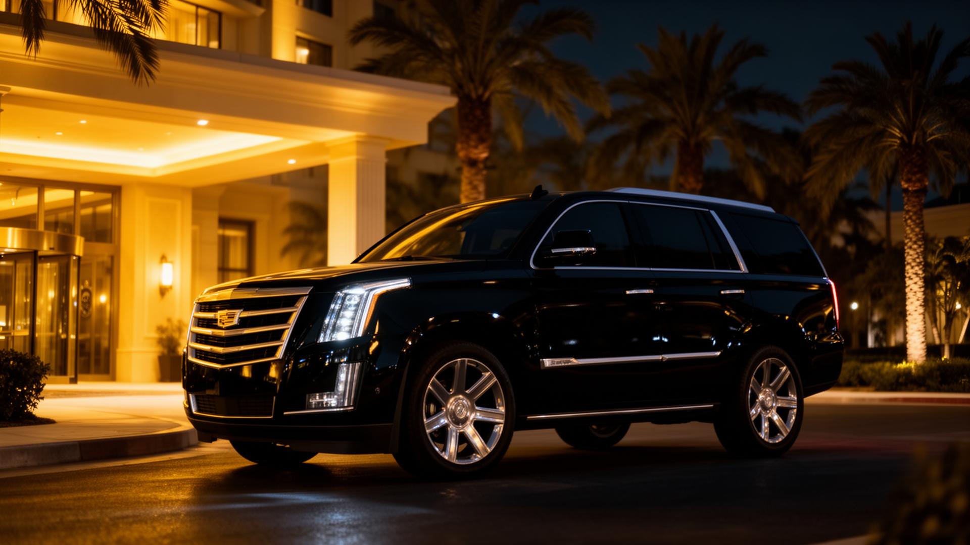 Black luxury SUV at hotel entrance